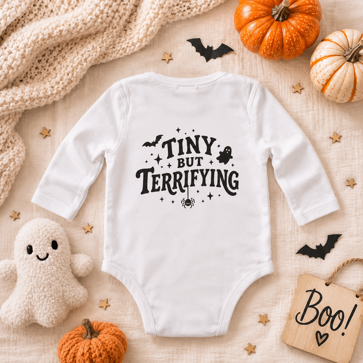 A white long-sleeve baby bodysuit with a black 'TINY BUT TERRIFYING' Halloween graphic, styled in a flat lay with pumpkins, a plush ghost, a knit blanket, and autumn props on a beige fabric background.