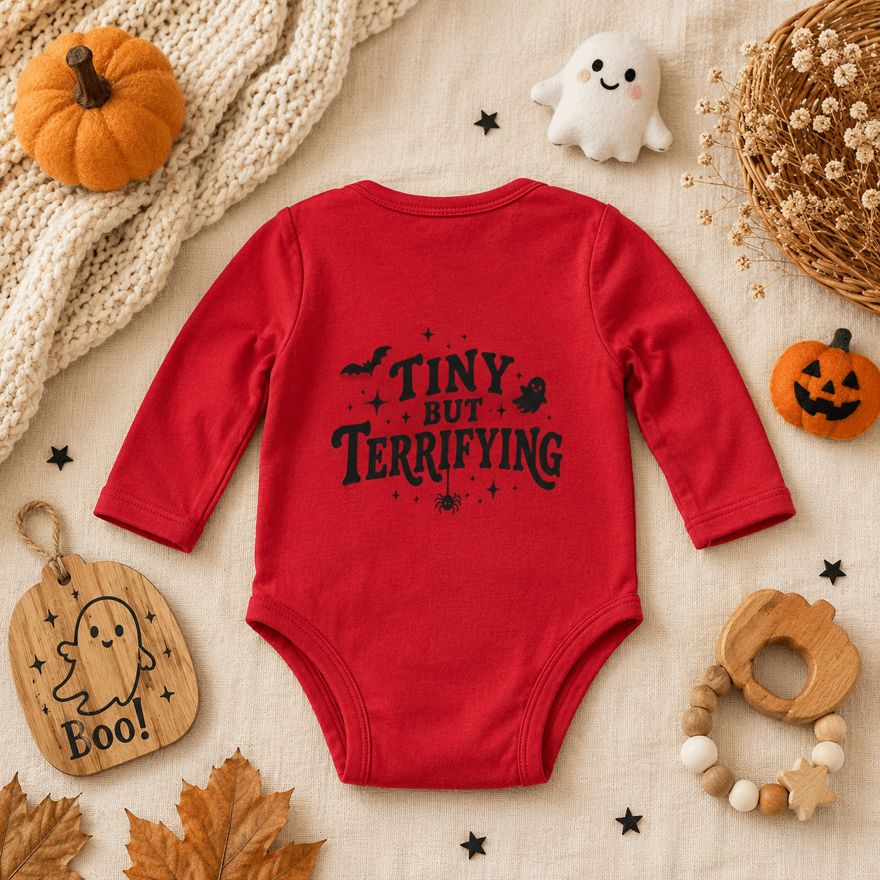A red long-sleeve baby bodysuit with 'TINY BUT TERRIFYING' printed in black on the front, styled in a flat lay with Halloween props including a small pumpkin, wooden tag, ghost toy, leaves, and a teether on a beige fabric background.