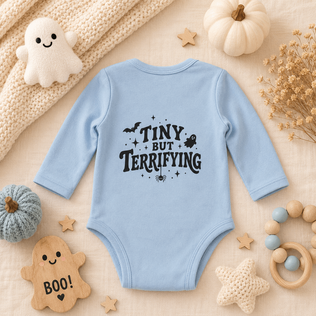 A light blue long-sleeve baby bodysuit with 'TINY BUT TERRIFYING' printed in black on the front, styled in a cozy autumn flat-lay with a knit blanket, small pumpkins, wooden stars, a ghost toy, and baby accessories.