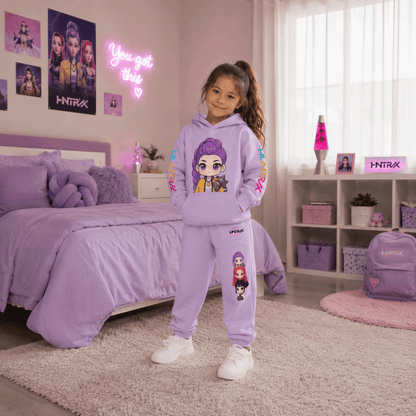 A young girl stands in a bedroom wearing a lavender purple matching hoodie and sweatpants set with colorful cartoon character graphics. The room features a bed, shelves, and a pink neon sign.