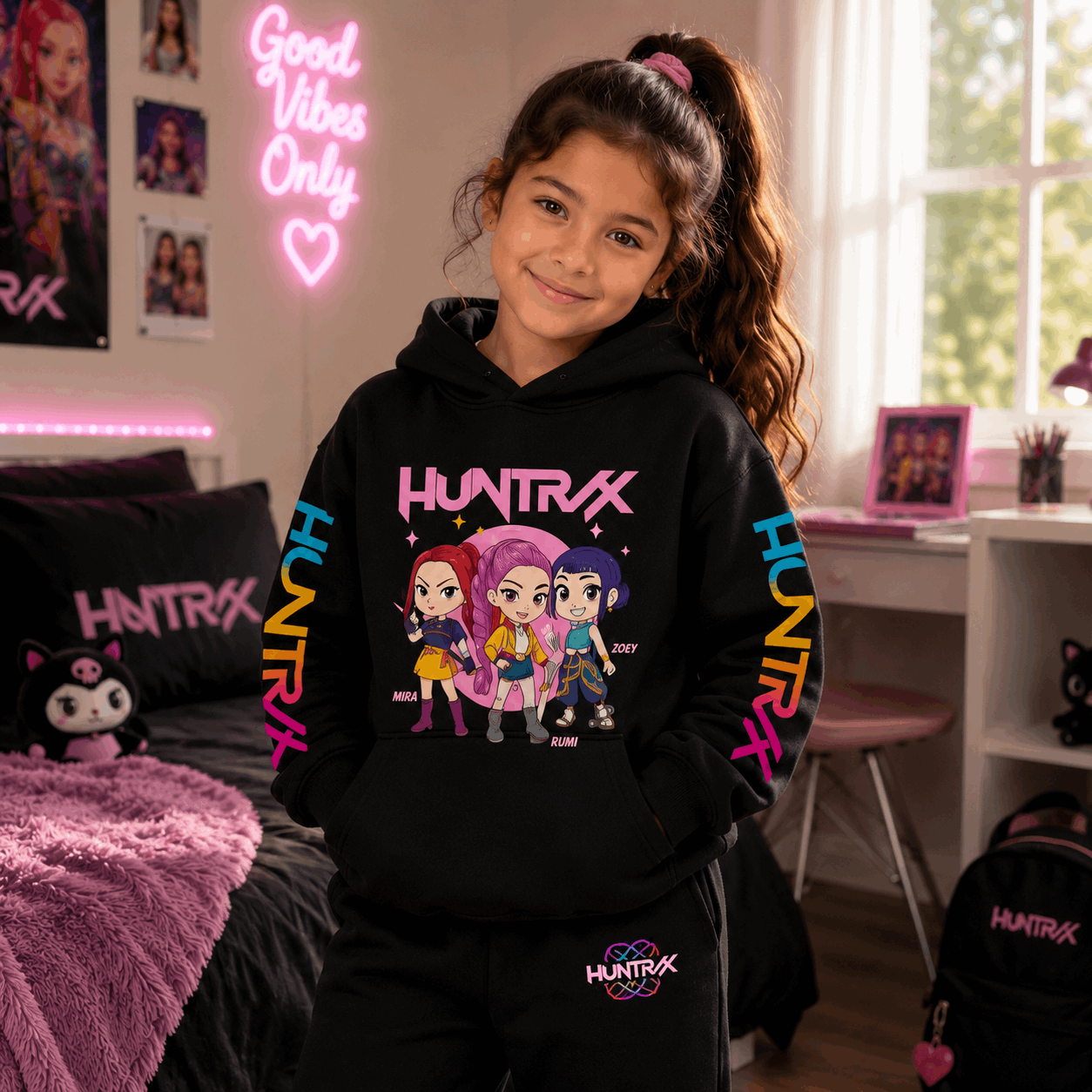A young girl with a ponytail stands in a bedroom wearing a black Huntrax hoodie and matching black sweatpants. The hoodie features colorful cartoon character graphics and the word 'HUNTRAX' on the chest and sleeves.