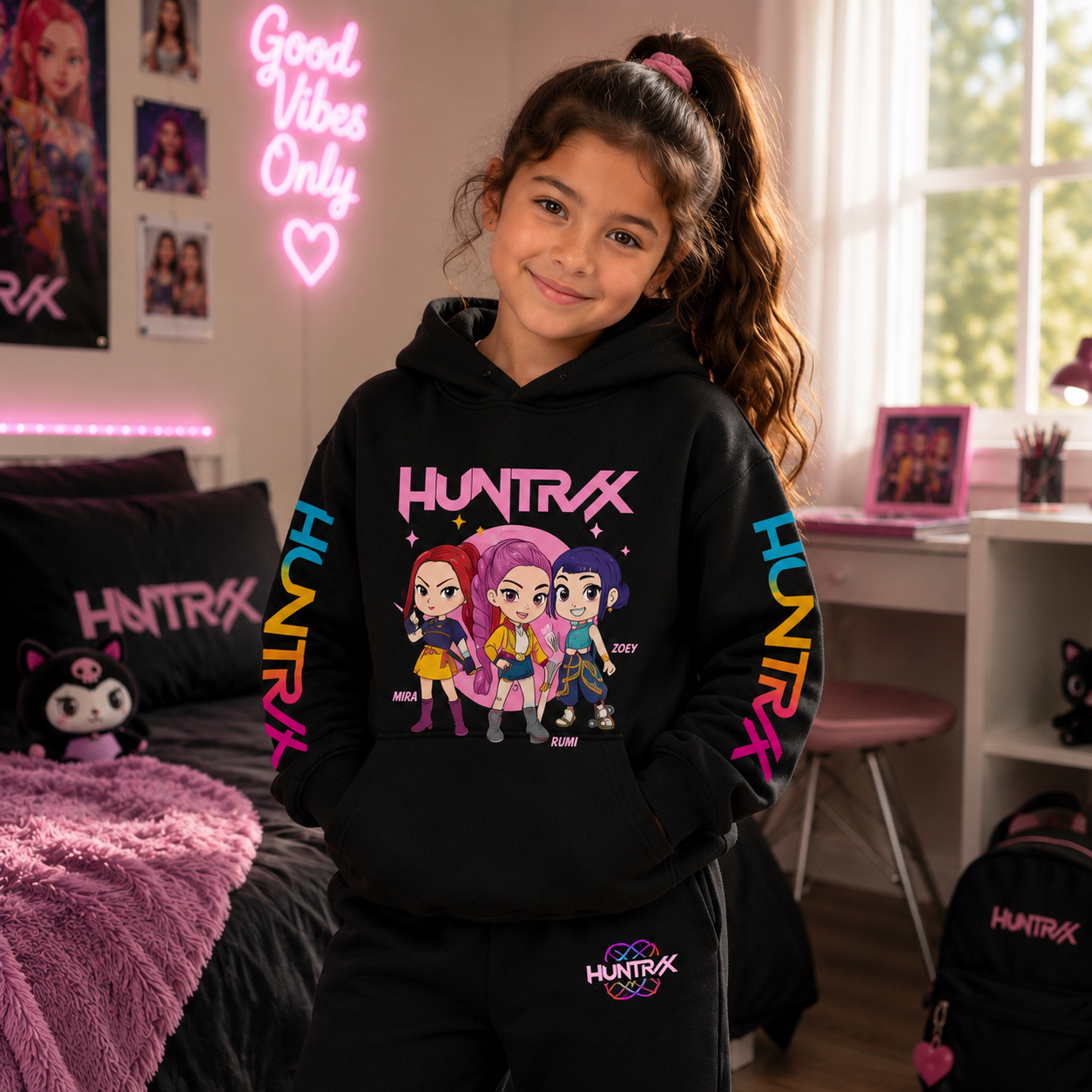 A young girl with a ponytail stands in a bedroom wearing a black Huntrax hoodie and matching black sweatpants. The hoodie features colorful cartoon character graphics and the word 'HUNTRAX' on the chest and sleeves.