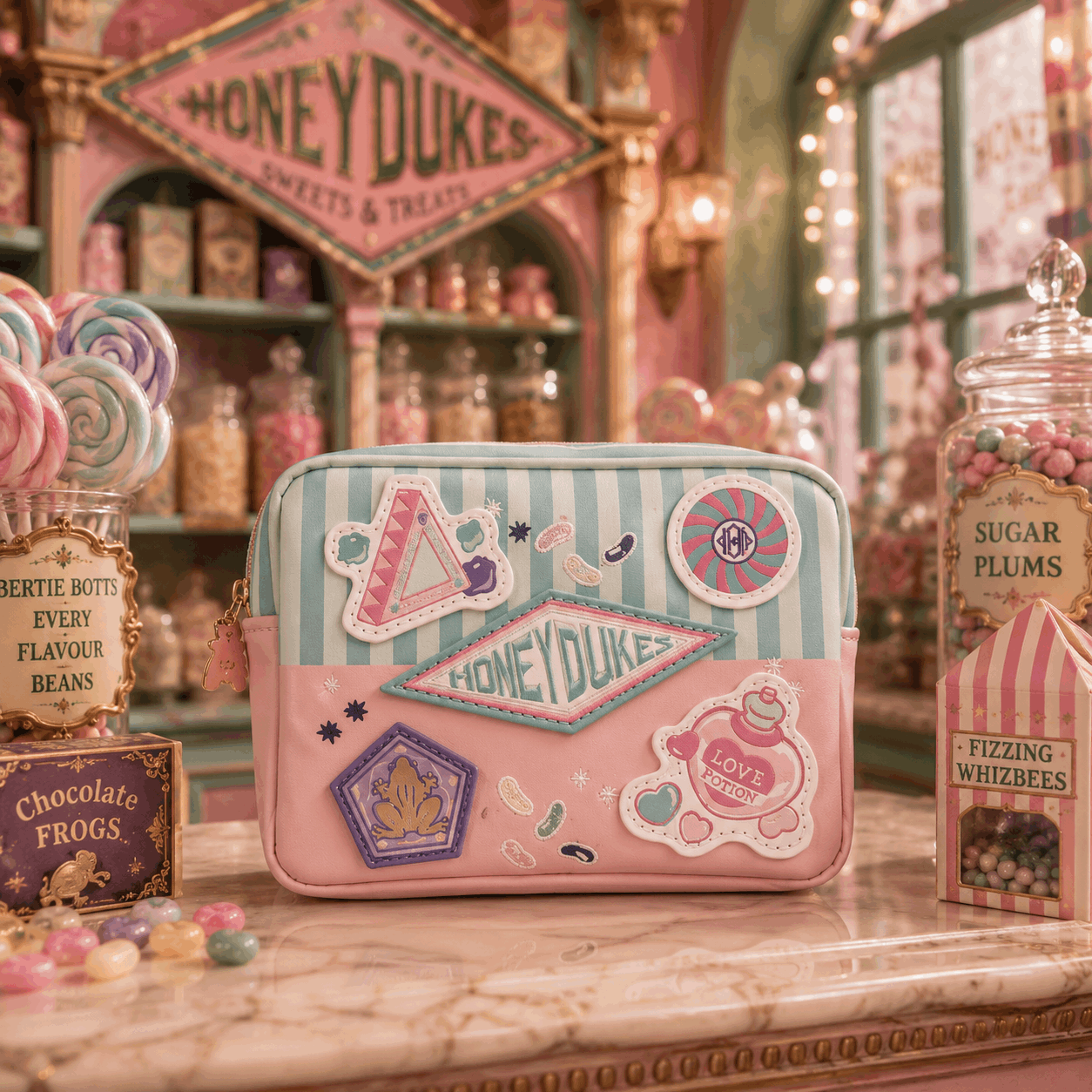 A pastel zip pouch with a Honey Duke candy-themed design, displayed on a marble counter in a whimsical candy shop setting.
