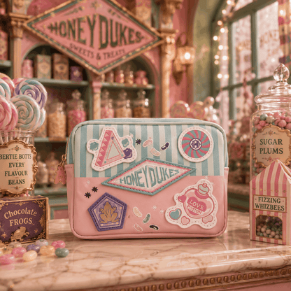 A pastel zip pouch with a Honey Duke candy-themed design, displayed on a marble counter in a whimsical candy shop setting.