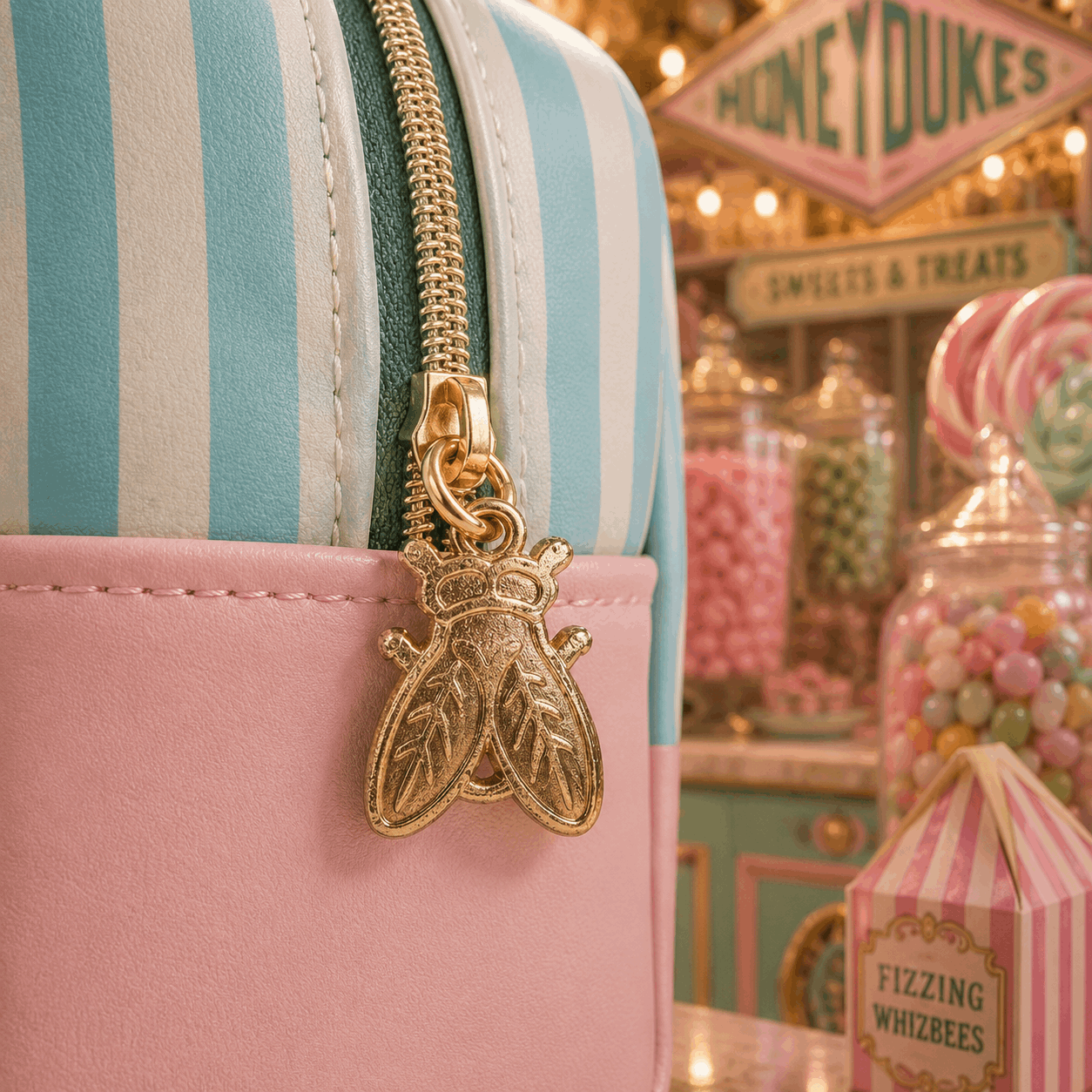A close-up of a pastel striped and pink zippered bag with a gold bee-shaped zipper pull, set against a blurred retro candy store background.