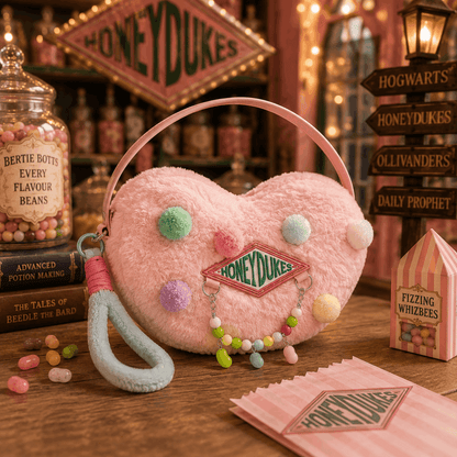 A fuzzy pink heart-shaped handbag with a light blue strap, decorated with pastel pom-poms and a 'Honeydukes' logo patch, displayed on a wooden table with themed props.