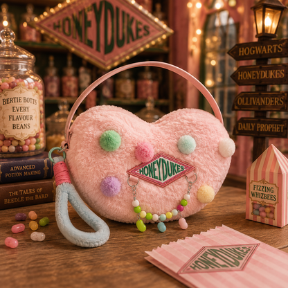 A fuzzy pink heart-shaped handbag with a light blue strap, decorated with pastel pom-poms and a 'Honeydukes' logo patch, displayed on a wooden table with themed props.