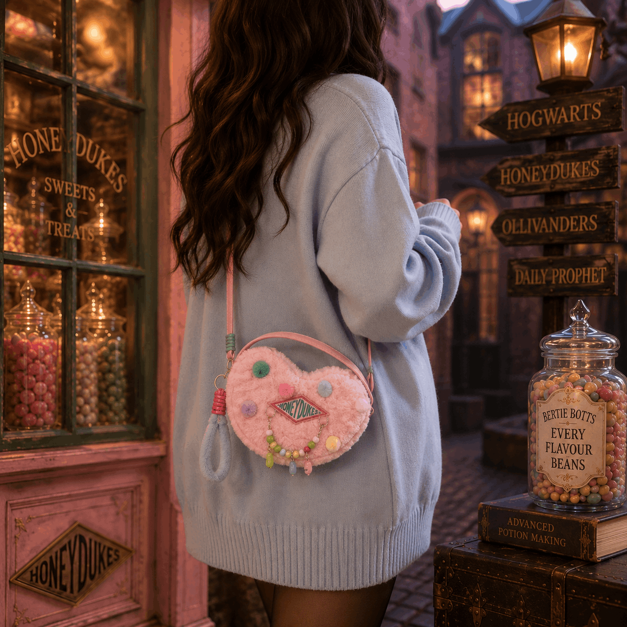 A woman in a light blue sweater stands in a whimsical, fantasy-themed shop setting, carrying a pink fuzzy heart-shaped crossbody bag decorated with colorful pom-poms and a small green creature face.