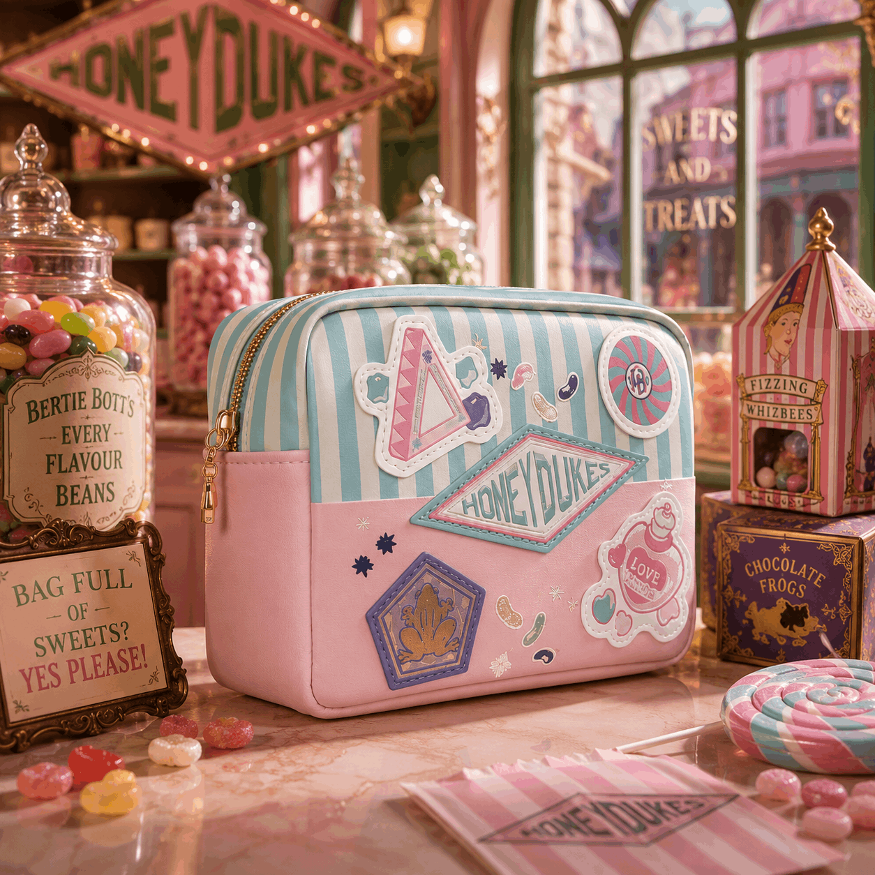 A pastel zippered cosmetic pouch decorated with whimsical 'Home on the Dock' themed stickers and patches, displayed on a tabletop surrounded by candy jars, sweets, and themed props in a shop-like setting.
