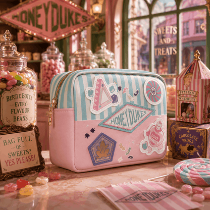 A pastel zippered cosmetic pouch decorated with whimsical 'Home on the Dock' themed stickers and patches, displayed on a tabletop surrounded by candy jars, sweets, and themed props in a shop-like setting.