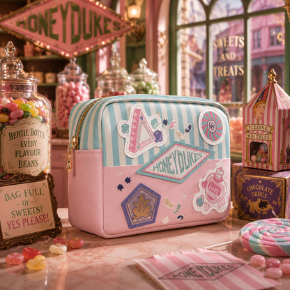 A pastel zippered cosmetic pouch decorated with whimsical 'Home on the Dock' themed stickers and patches, displayed on a tabletop surrounded by candy jars, sweets, and themed props in a shop-like setting.