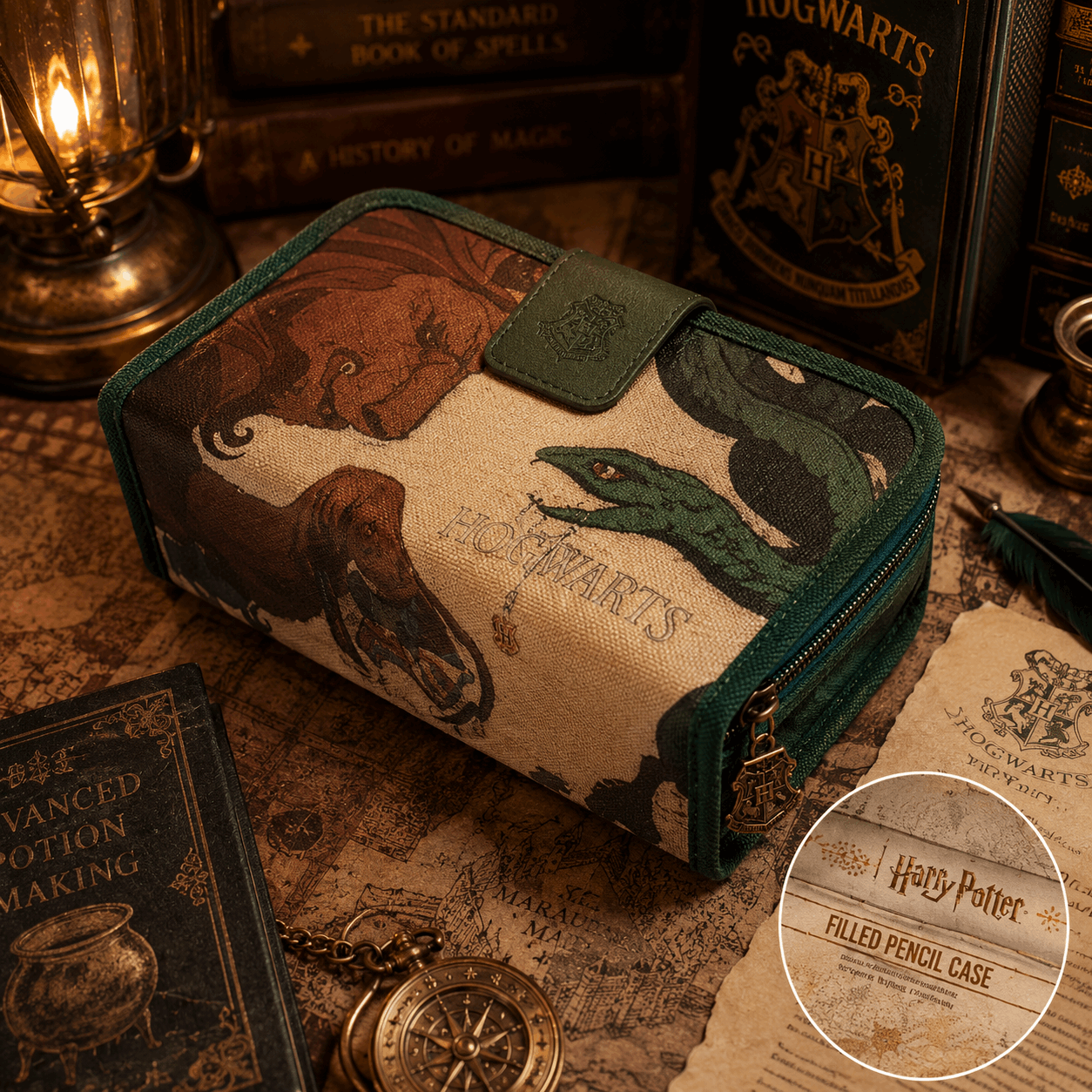 A Harry Potter Hogwarts-themed pencil case with a canvas print featuring a dog, snake, and castle design, styled on a desk with vintage books, a lantern, and a compass.