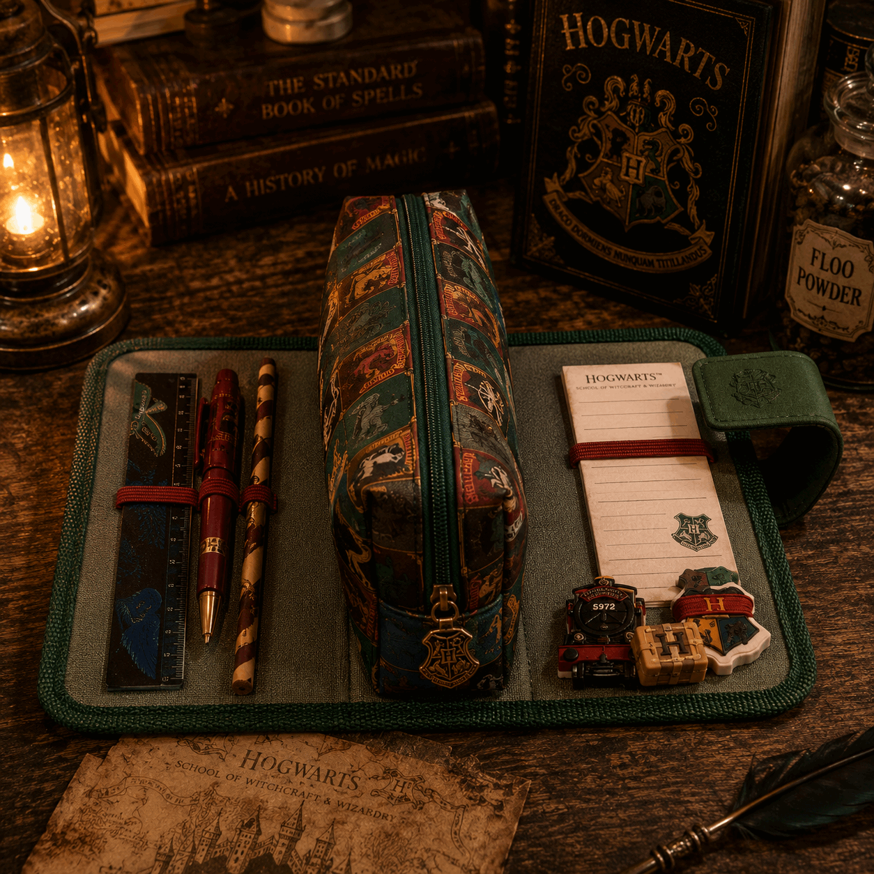A Hogwarts-themed zippered pouch with a green border and crest emblem, displayed in an open matching felt pouch alongside pens, a ruler, a notepad, and small decorative accessories. The scene is styled with Hogwarts books, a lantern, and a bottle of Floo Powder on a wooden table.