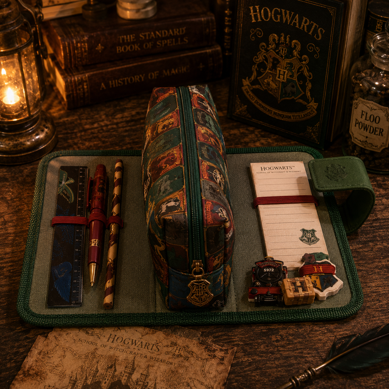 A Hogwarts-themed zippered pouch with a green border and crest emblem, displayed in an open matching felt pouch alongside pens, a ruler, a notepad, and small decorative accessories. The scene is styled with Hogwarts books, a lantern, and a bottle of Floo Powder on a wooden table.