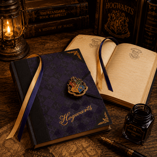 A Hogwarts-themed journal with a dark purple cover, gold script title, and crest brooch, styled on a wooden desk with an open book, ink bottle, lantern, and other vintage books.
