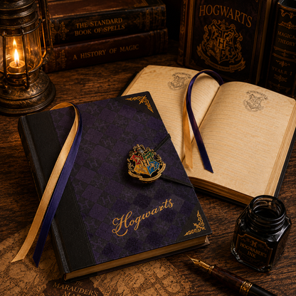 A Hogwarts-themed journal with a dark purple cover, gold script title, and crest brooch, styled on a wooden desk with an open book, ink bottle, lantern, and other vintage books.