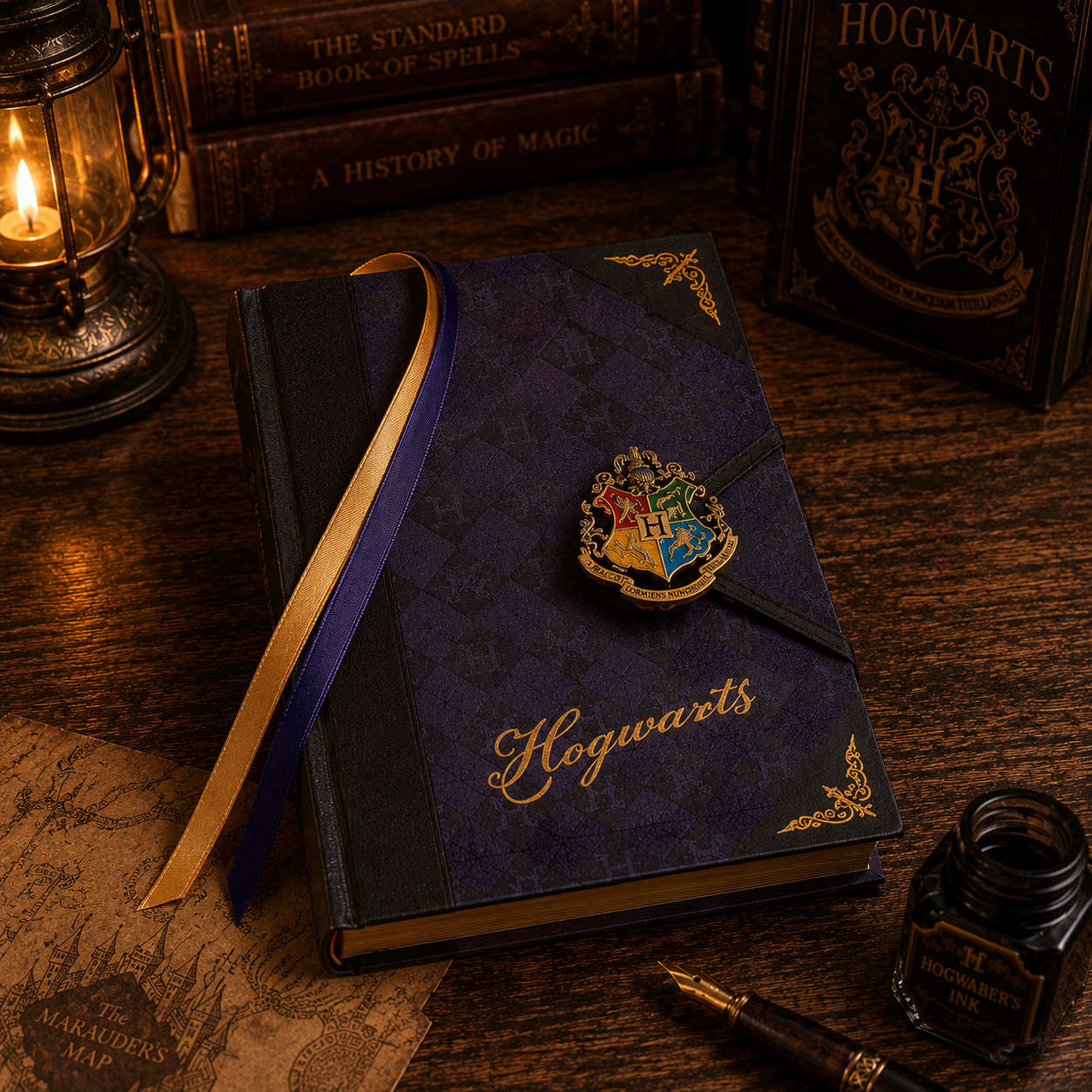 A Hogwarts-themed hardcover notebook with a dark purple textured cover, gold script lettering, and a Hogwarts crest pin on the front. A gold and purple ribbon bookmark is tucked into the spine.