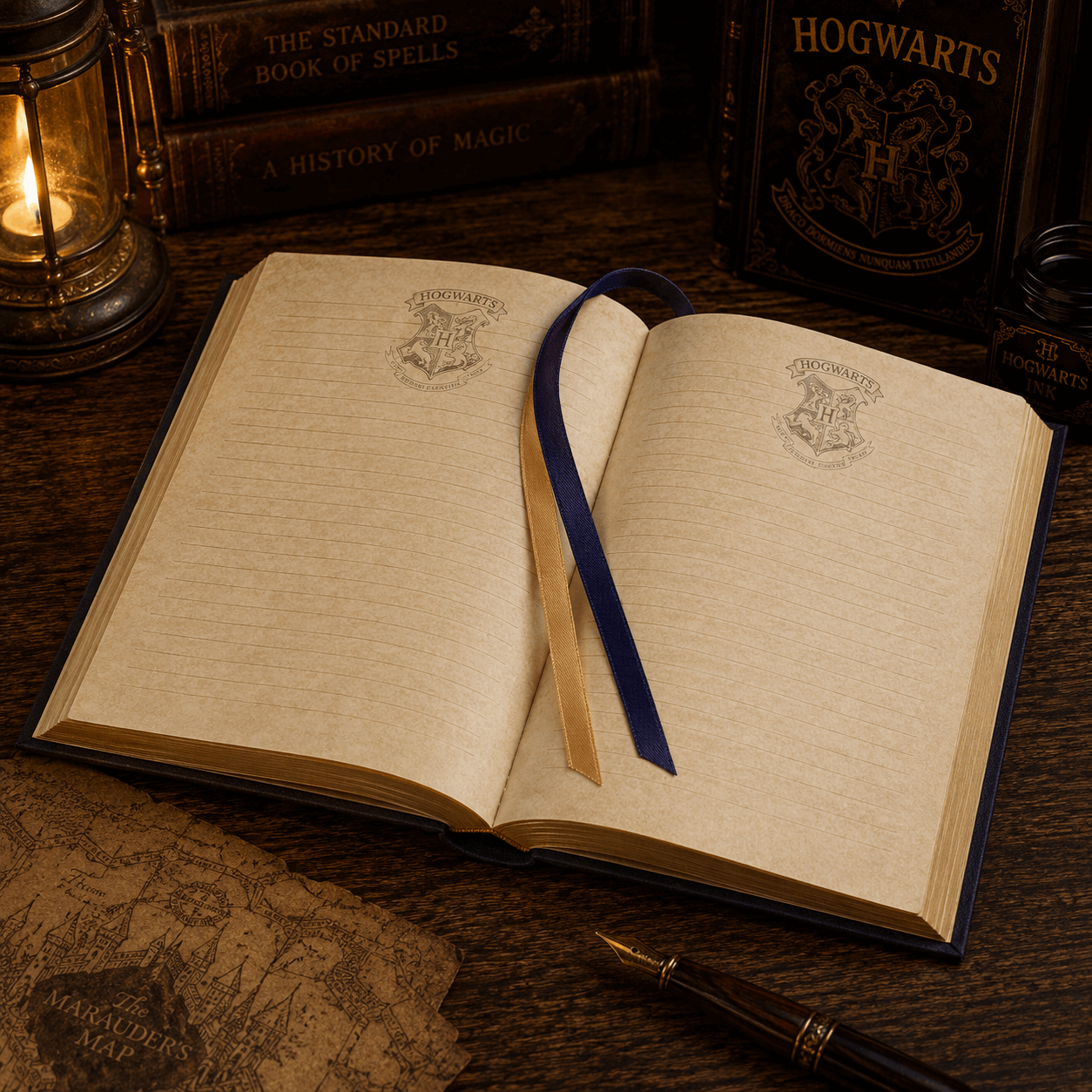 An open Harry Potter Hogwarts notebook with cream-colored lined pages, featuring the Hogwarts crest printed on both pages. The notebook is styled on a dark wooden desk with a navy blue ribbon bookmark, a gold pen, a vintage map, and themed books in the background.