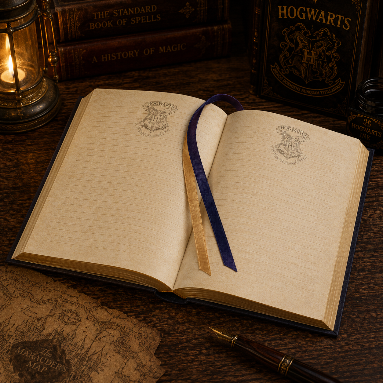 An open Harry Potter Hogwarts notebook with cream-colored lined pages, featuring the Hogwarts crest printed on both pages. The notebook is styled on a dark wooden desk with a navy blue ribbon bookmark, a gold pen, a vintage map, and themed books in the background.