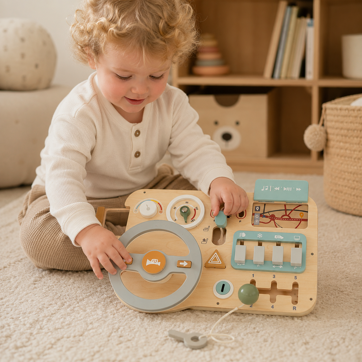 Montessori Toy Car Busy Board | Wooden Sensory Activity Board for Toddlers