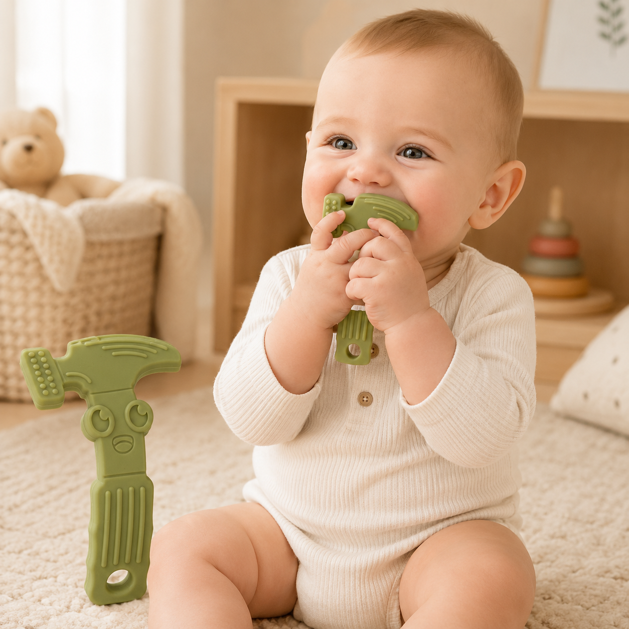 A baby wearing a cream ribbed long-sleeve bodysuit sits on a beige carpet and holds a green hammer-shaped teether toy to their mouth. Another green hammer-shaped teether toy rests on the carpet to the left.