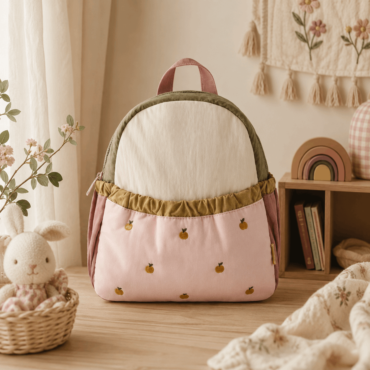 A pastel pink and cream backpack with olive green trim, decorated with small embroidered yellow pineapples, displayed on a wooden table in a cozy, styled room setting.