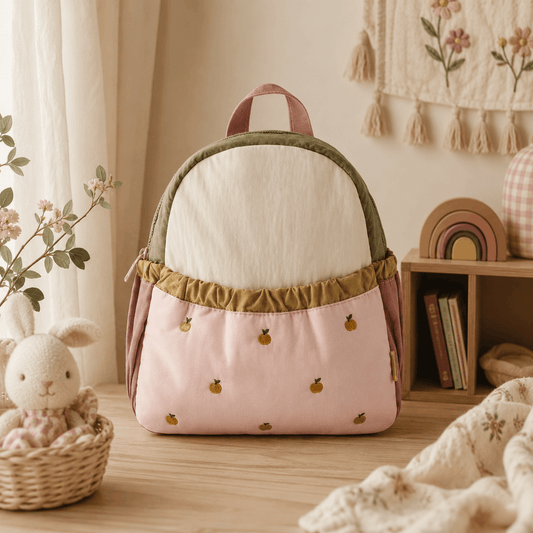 A pastel pink and cream backpack with olive green trim, decorated with small embroidered yellow pineapples, displayed on a wooden table in a cozy, styled room setting.