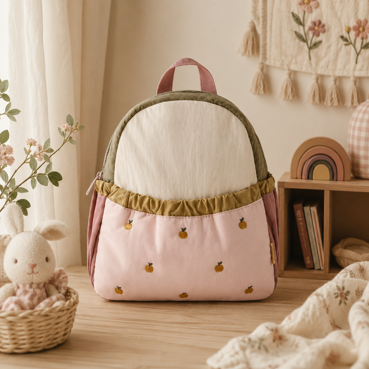 A pastel pink and cream backpack with olive green trim, decorated with small embroidered yellow pineapples, displayed on a wooden table in a cozy, styled room setting.