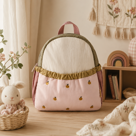 A pastel pink and cream backpack with olive green trim, decorated with small embroidered yellow pineapples, displayed on a wooden table in a cozy, styled room setting.