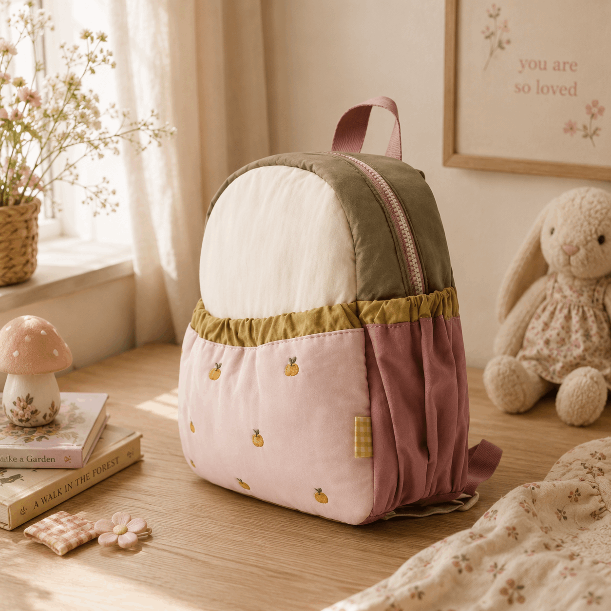 A pastel patchwork backpack with a white top panel, olive green upper section, dusty pink side pocket, and a light pink lower section with small pineapple prints, styled on a wooden table in a cozy room with a bunny toy and framed print.