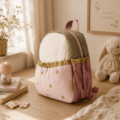 A pastel patchwork backpack with a white top panel, olive green upper section, dusty pink side pocket, and a light pink lower section with small pineapple prints, styled on a wooden table in a cozy room with a bunny toy and framed print.