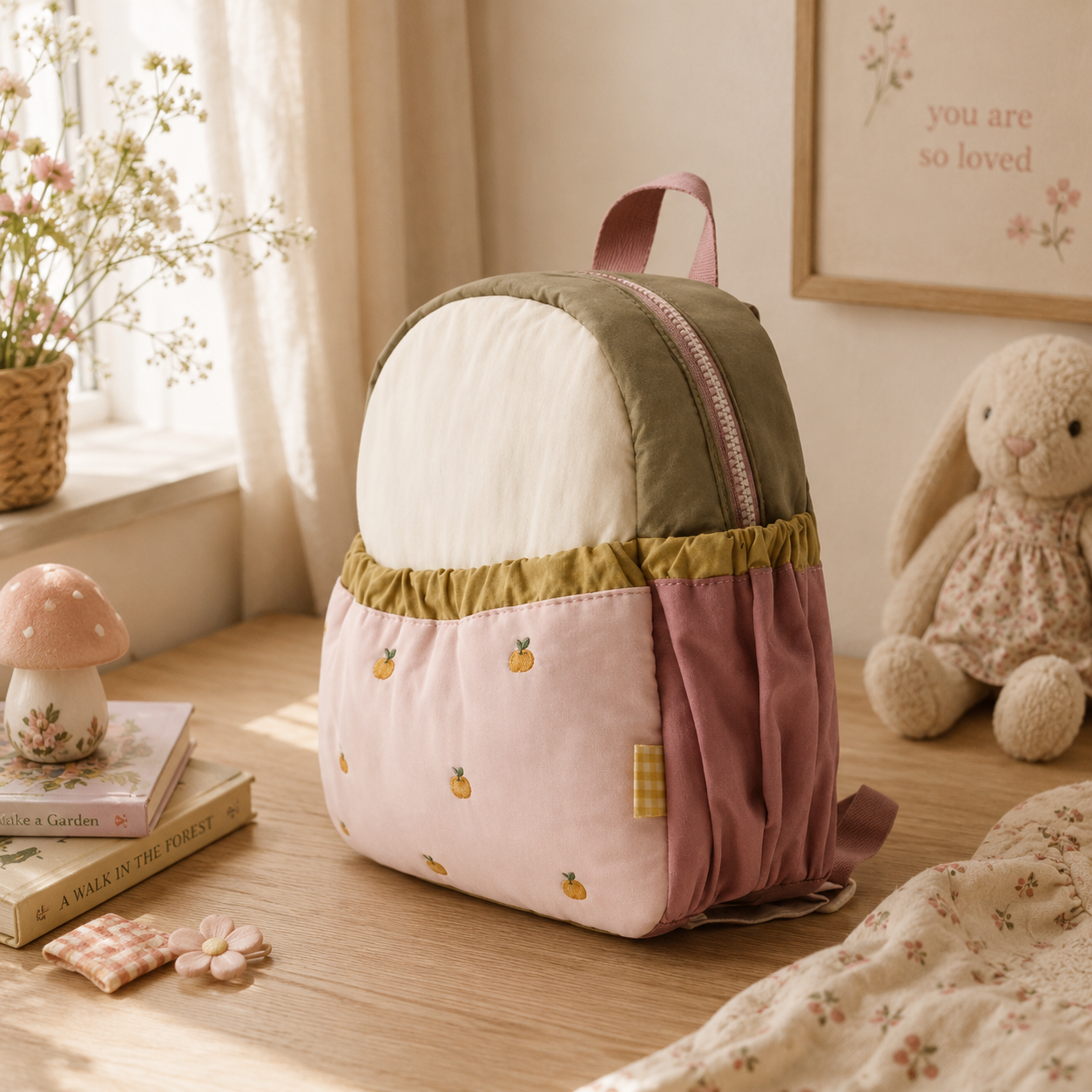 A pastel patchwork backpack with a white top panel, olive green upper section, dusty pink side pocket, and a light pink lower section with small pineapple prints, styled on a wooden table in a cozy room with a bunny toy and framed print.