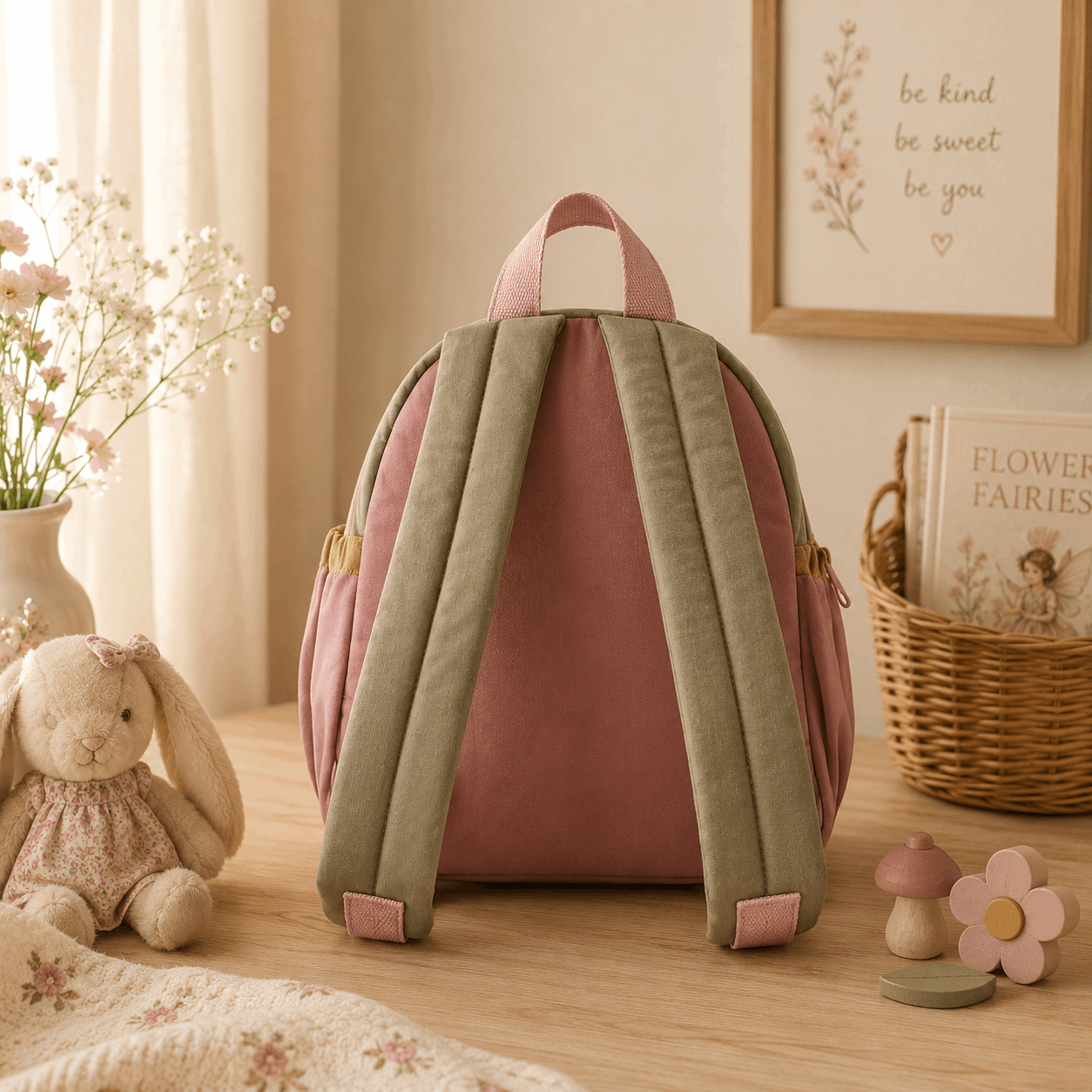 A pink and sage green backpack shown from the back, styled on a wooden floor in a soft, cozy room setting with a plush bunny, basket, and framed wall art.