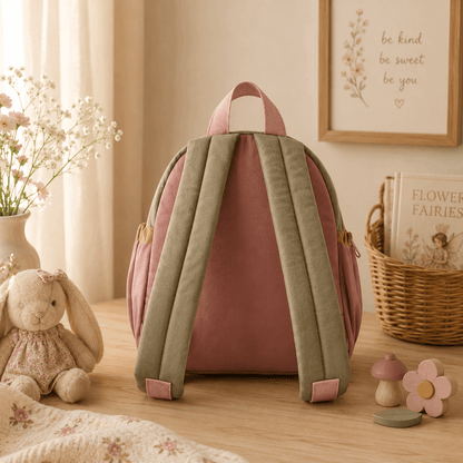 A pink and sage green backpack shown from the back, styled on a wooden floor in a soft, cozy room setting with a plush bunny, basket, and framed wall art.