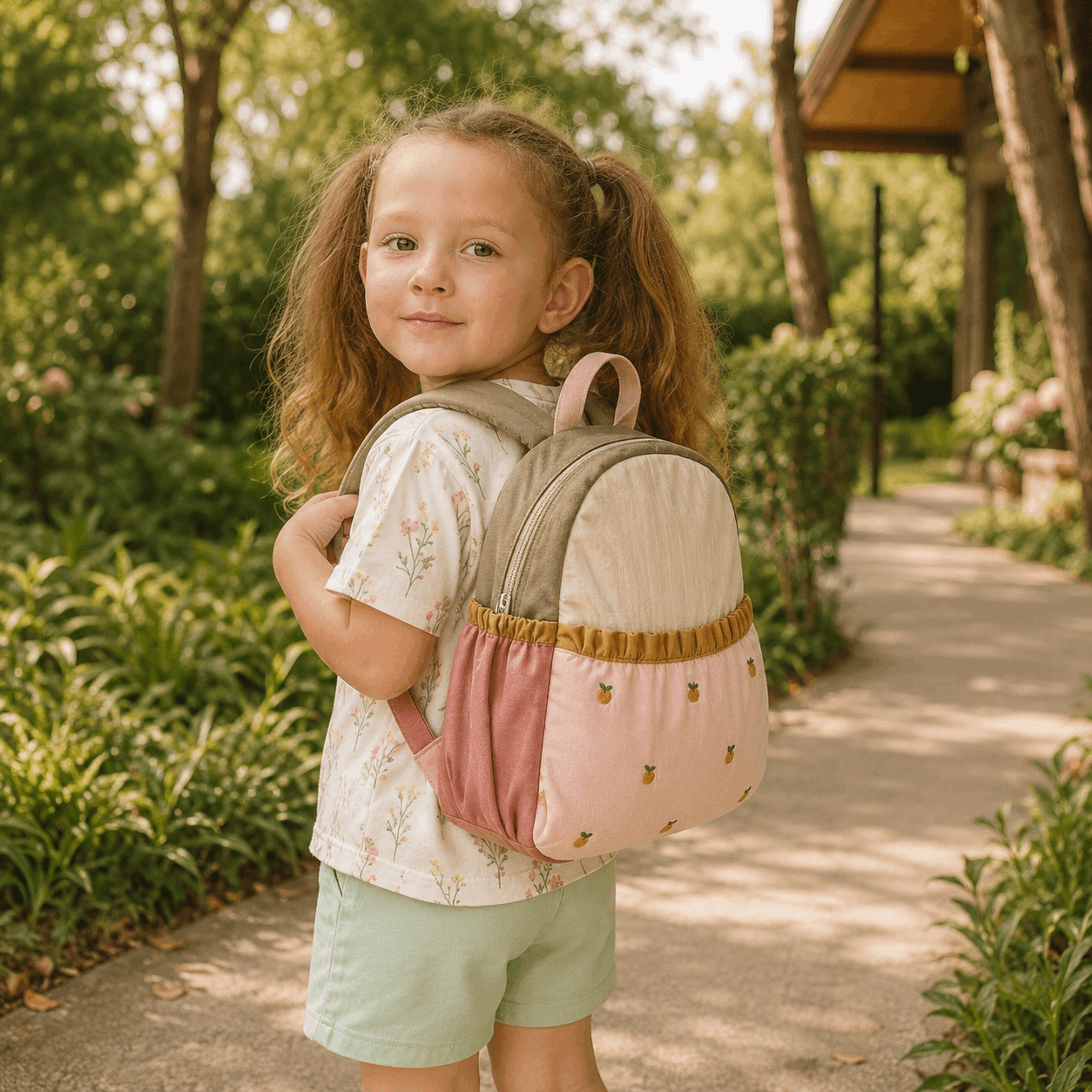 A young girl with curly brown hair in pigtails stands on a garden path wearing a pastel pink and beige backpack with a gold trim, a white floral t-shirt, and light green shorts.