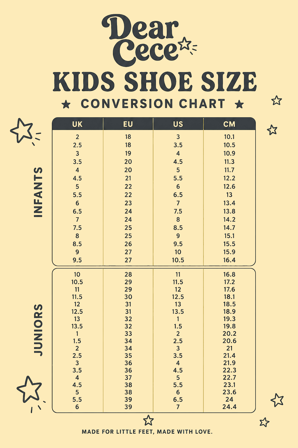 A children's shoe size conversion chart on a warm beige background. The chart includes columns for UK, EU, US, and CM sizes, divided into sections for Infants and Juniors.