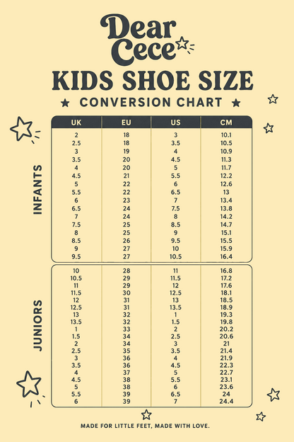 A children's shoe size conversion chart on a warm beige background. The chart includes columns for UK, EU, US, and CM sizes, divided into sections for Infants and Juniors.