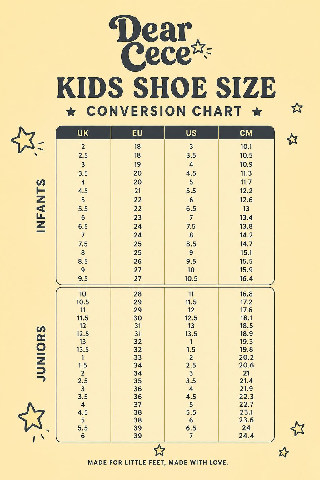 A children's shoe size conversion chart on a warm beige background. The chart includes columns for UK, EU, US, and CM sizes, divided into sections for Infants and Juniors.