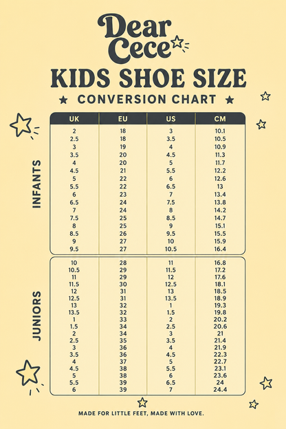 A children's shoe size conversion chart on a warm beige background. The chart includes columns for UK, EU, US, and CM sizes, divided into sections for Infants and Juniors.