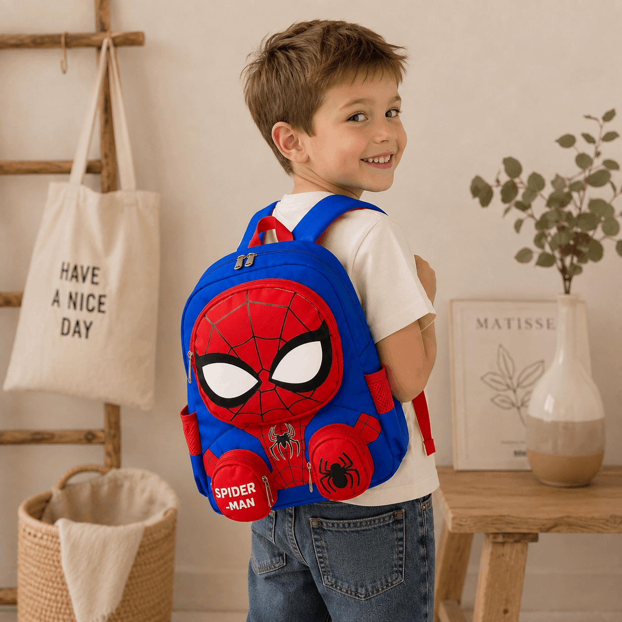 A young boy wearing a white t-shirt and blue jeans is shown from the back, wearing a blue and red Spider-Man themed backpack. The setting is a warm, styled room with a wooden ladder, a canvas tote bag, and a small table with a vase.