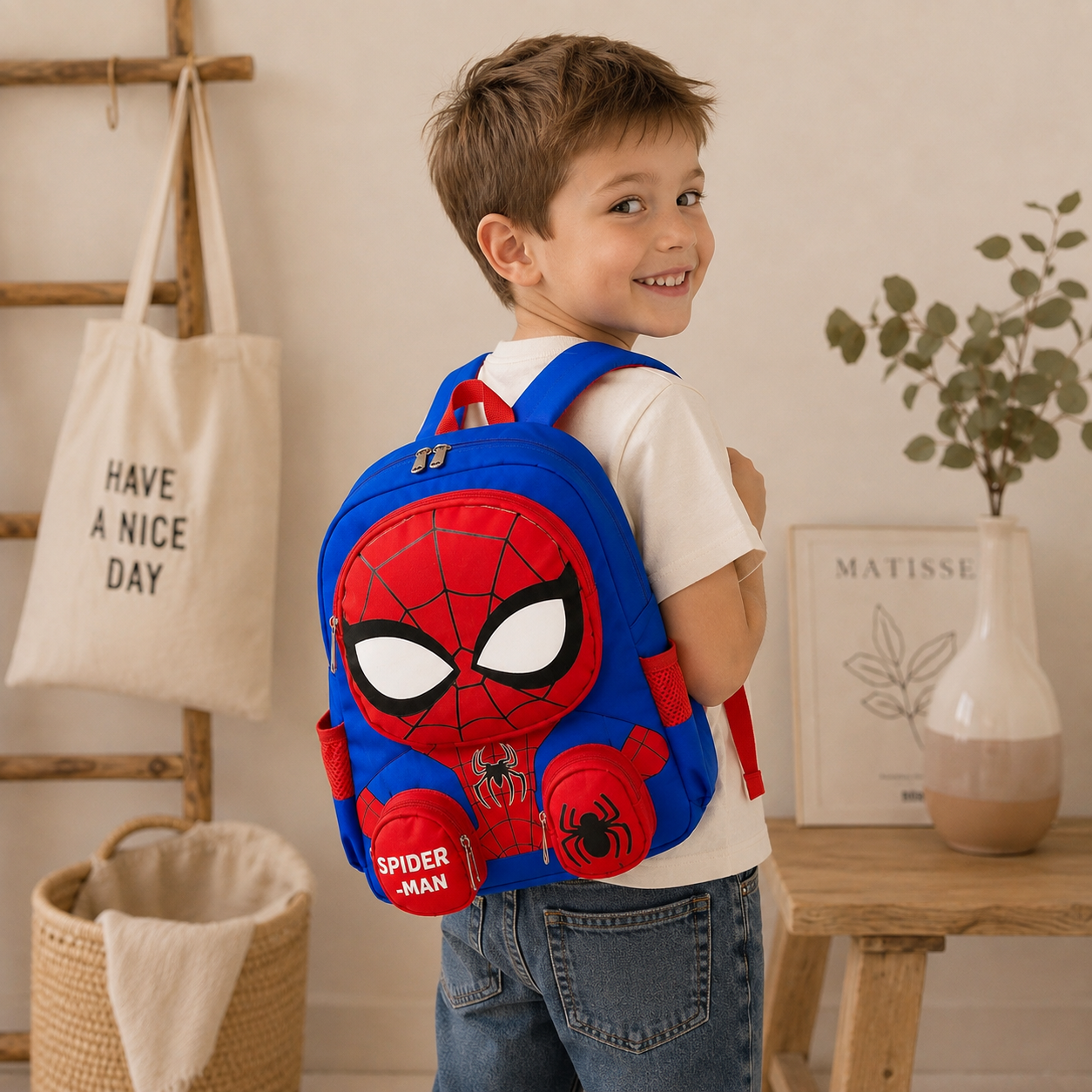 A young boy wearing a white t-shirt and blue jeans is shown from the back, wearing a blue and red Spider-Man themed backpack. The setting is a warm, styled room with a wooden ladder, a canvas tote bag, and a small table with a vase.