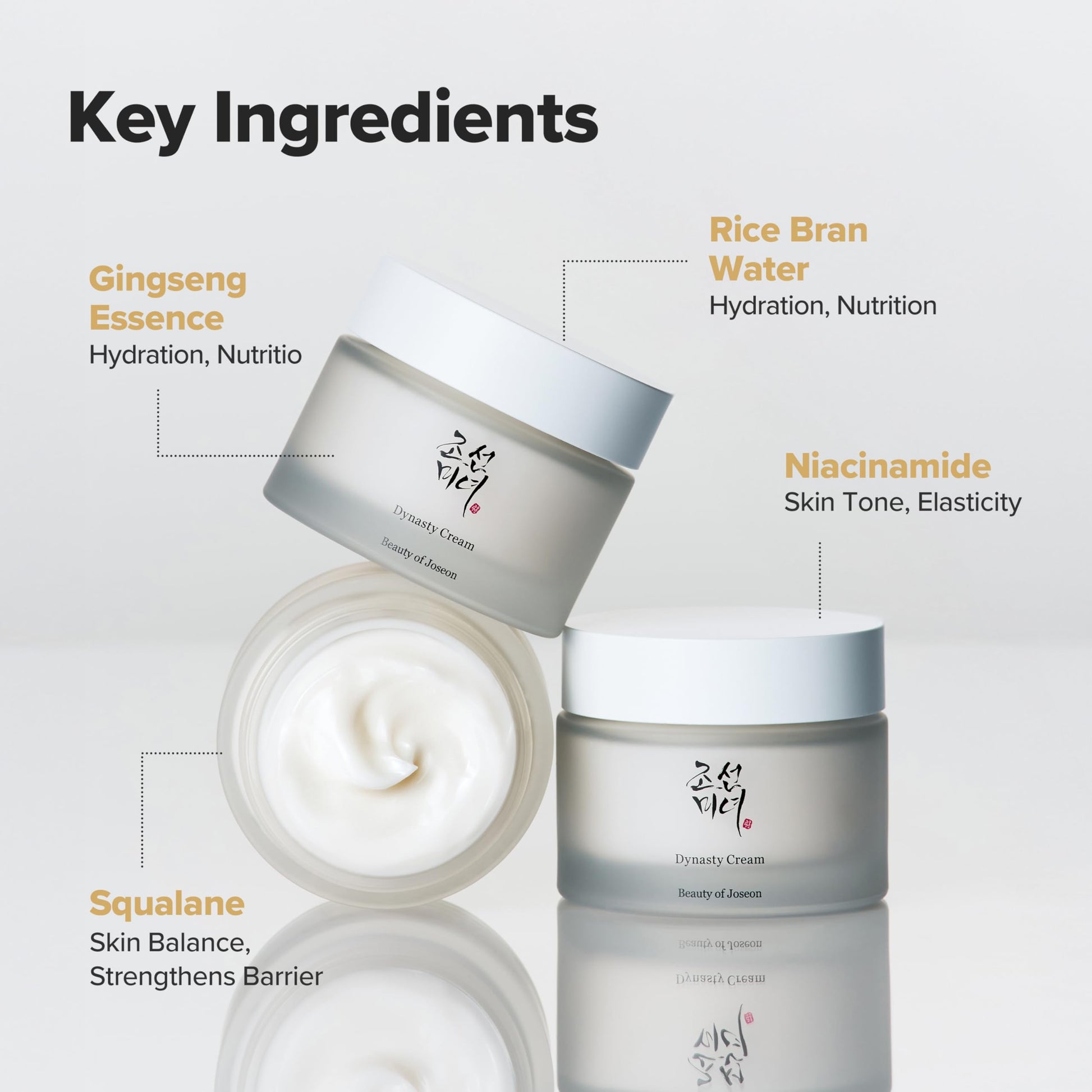 Skincare cream jars with key ingredients listed on a light gray background