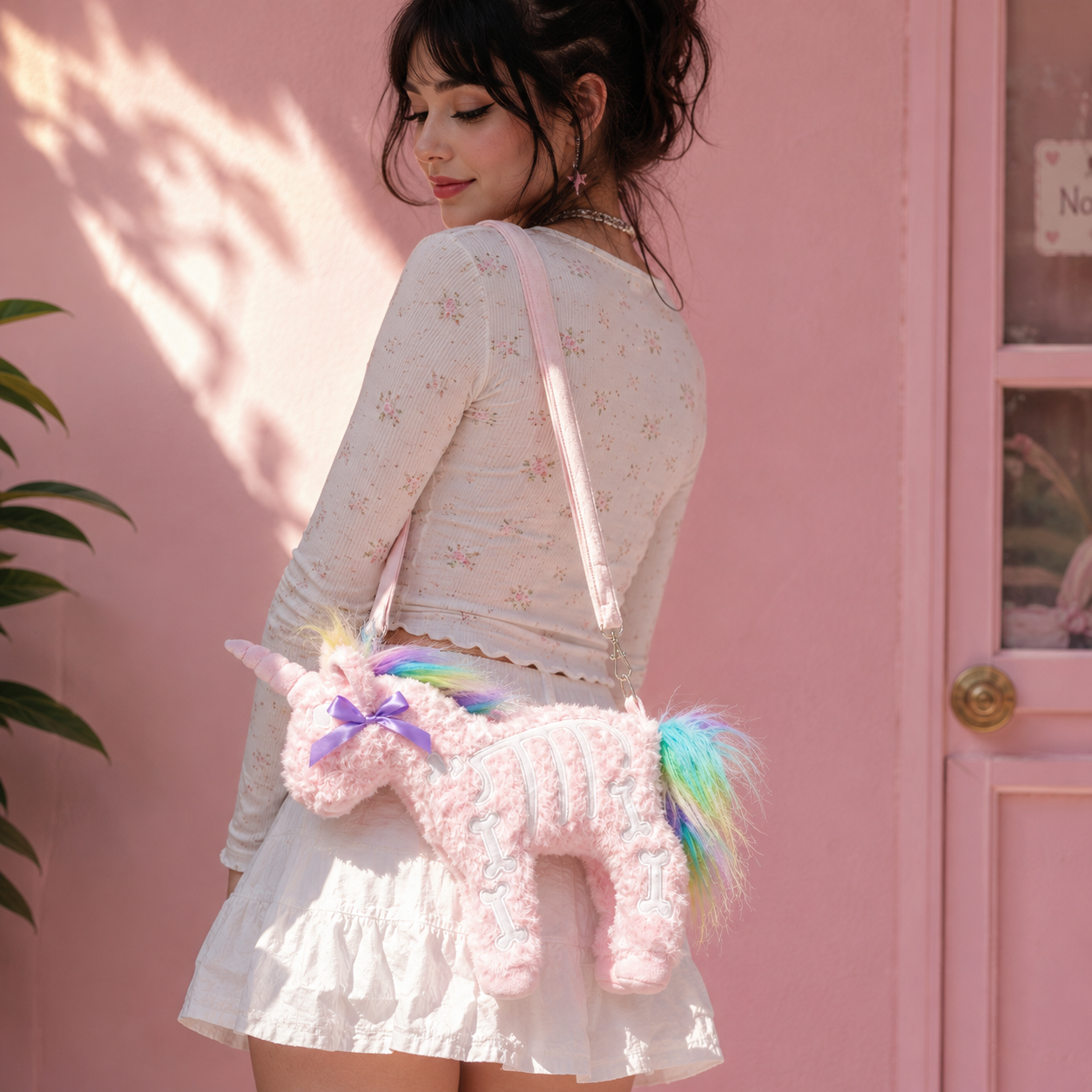 A woman wearing a white long-sleeve floral top and white ruffled skirt carries a pink fuzzy unicorn crossbody bag with a rainbow mane and tail against a pink wall.