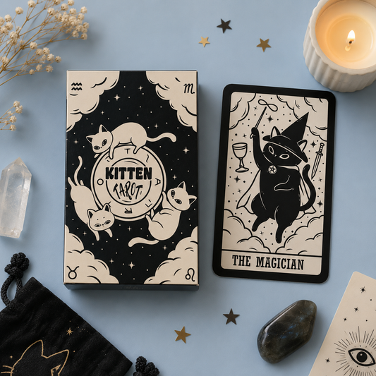 A tarot card deck box and a single card from a 'Kitten Tarot' deck are displayed on a light blue background with mystical props including a lit candle, crystals, dried flowers, and star-shaped decorations. The cards feature whimsical black and cream illustrations of cats in wizard attire.