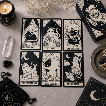 Six illustrated tarot cards featuring cats in black-and-cream artwork are arranged on a light fabric surface, alongside a black box labeled 'Mitten Tarot,' a candle, a crystal, a small pouch, and other mystical props.