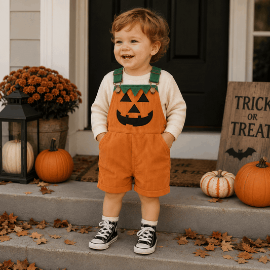 A toddler stands on front porch steps wearing orange corduroy short overalls with a black jack-o'-lantern face and green shoulder straps over a cream long-sleeve shirt. Pumpkins, autumn leaves, a lantern, flowers, and a wooden 'Trick or Treat' sign are visible around the child.