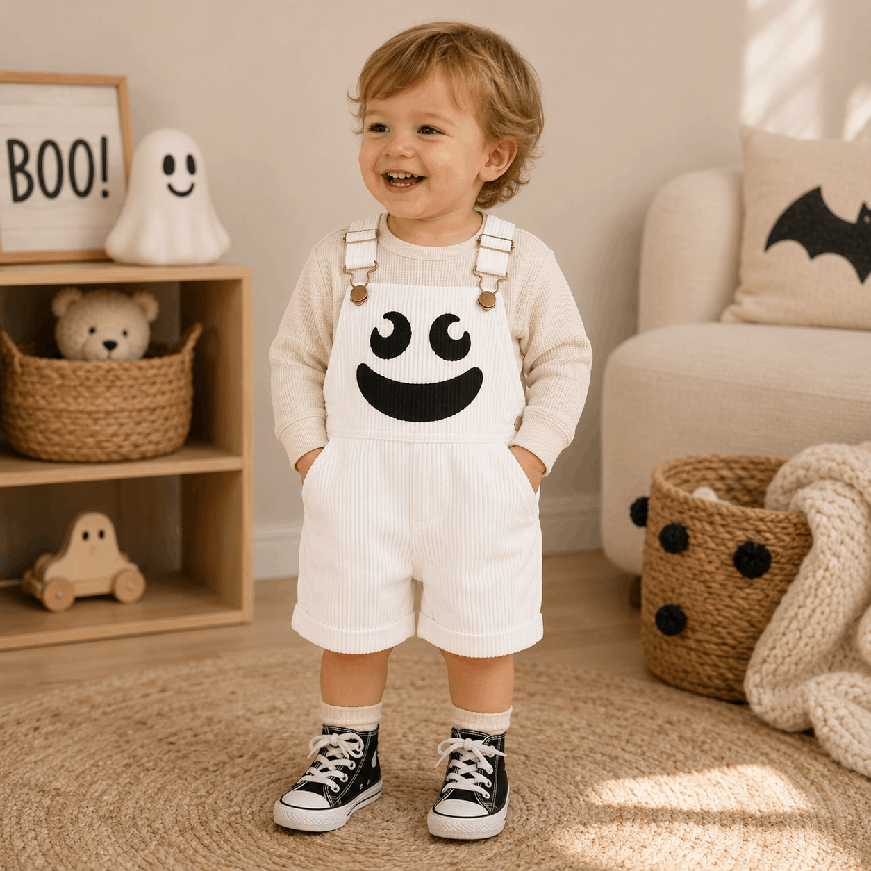 A toddler stands in a cozy room wearing a cream ribbed long-sleeve top and matching shorts with a large black smiley face on the bib. The child is smiling and looking to the side, with shelves, toys, and a couch visible in the background.