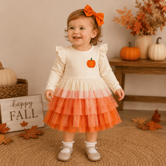 A toddler stands indoors wearing a cream long-sleeve dress with ruffled shoulders, a small orange pumpkin graphic on the chest, and a tiered tulle skirt that fades from cream to orange. The child also wears a large orange bow, white socks, and beige shoes, with fall-themed decor including pumpkins, autumn leaves, and a sign reading “happy FALL” in the background.