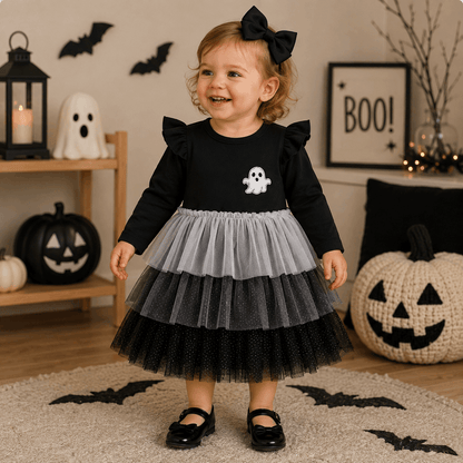 A toddler stands in a decorated Halloween room wearing a black long-sleeve dress with ruffled shoulders, a layered black and gray tulle skirt, and a small white ghost graphic on the chest. The child also wears a black bow in her hair and black shoes.