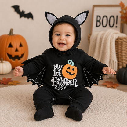 A baby wearing a black bat costume with attached wings and cat ears sits on a cream rug in a Halloween-themed room. The costume has 'My 1st Halloween' printed on the front with an orange pumpkin graphic.